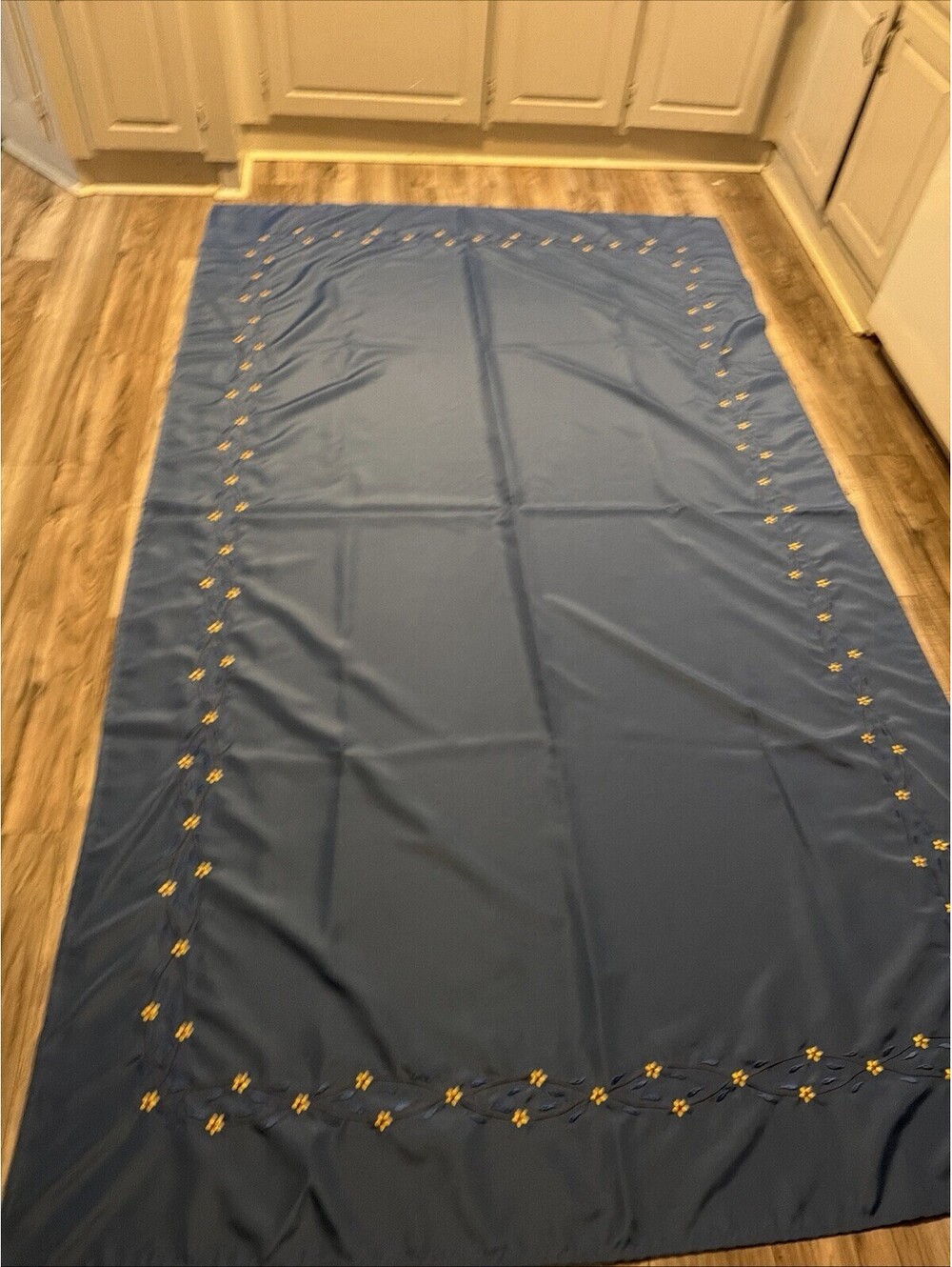 Temptation Tablecloth Dusty Blue Delicate Embroidered Yellow Flowers  100"x60"